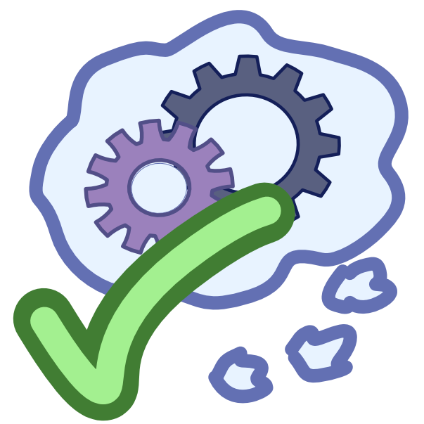 A blue thought bubble with three trailing clouds has two gears inside it. Overlapping with the thought bubble is a large green check mark.